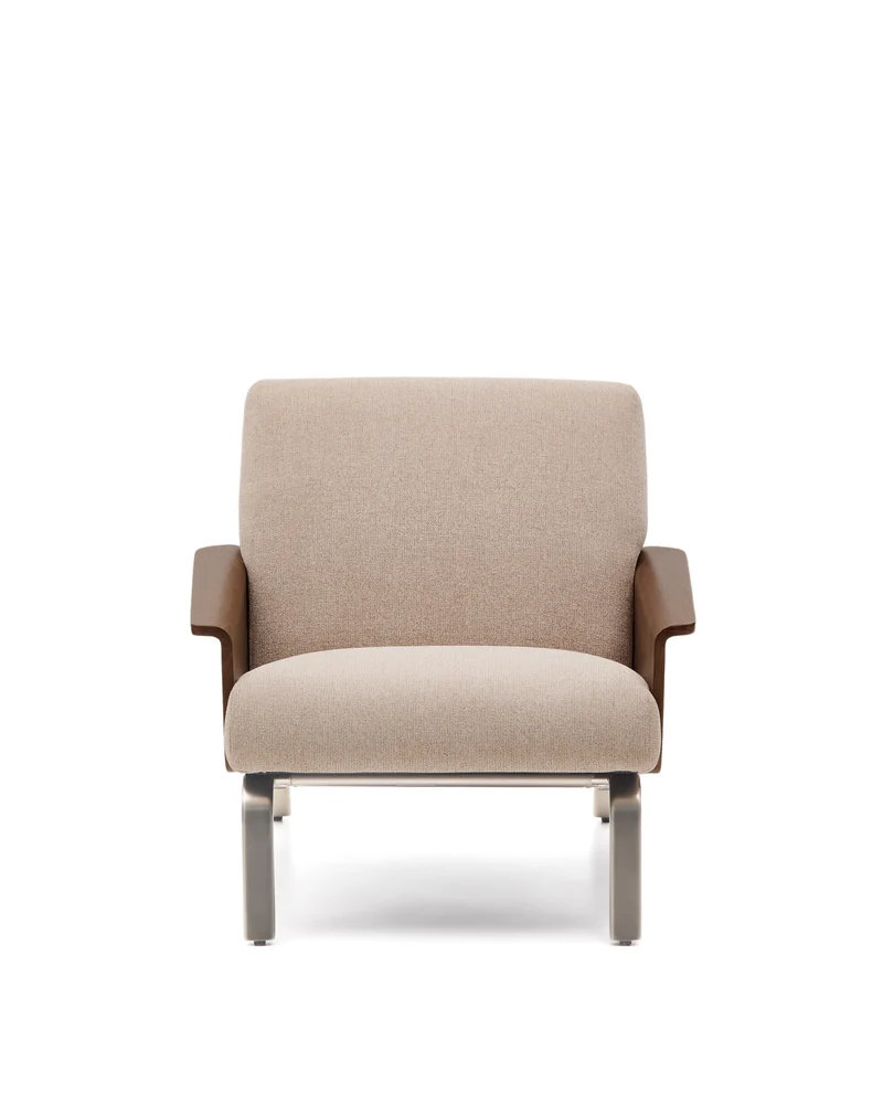 Amsen light brown armchair in walnut plywood with legs in brushed stainless steel