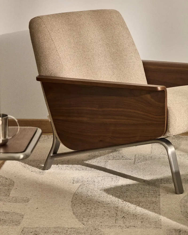 Amsen light brown armchair in walnut plywood with legs in brushed stainless steel