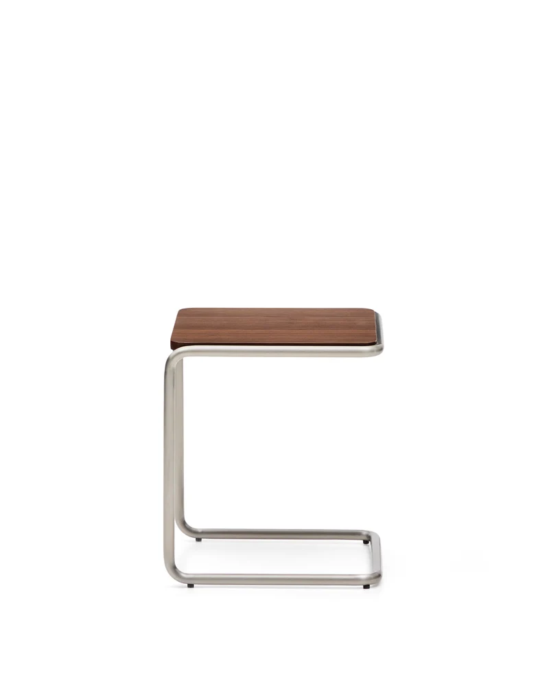 Tarsel side table in walnut veneer with brushed stainless steel structure 42 x 47cm