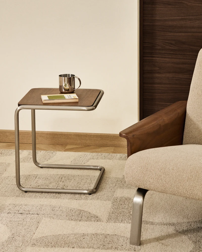 Tarsel side table in walnut veneer with brushed stainless steel structure 42 x 47cm