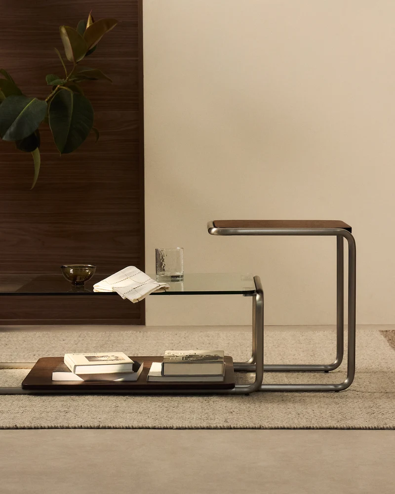 Tarsel side table in walnut veneer with brushed stainless steel structure 42 x 47cm