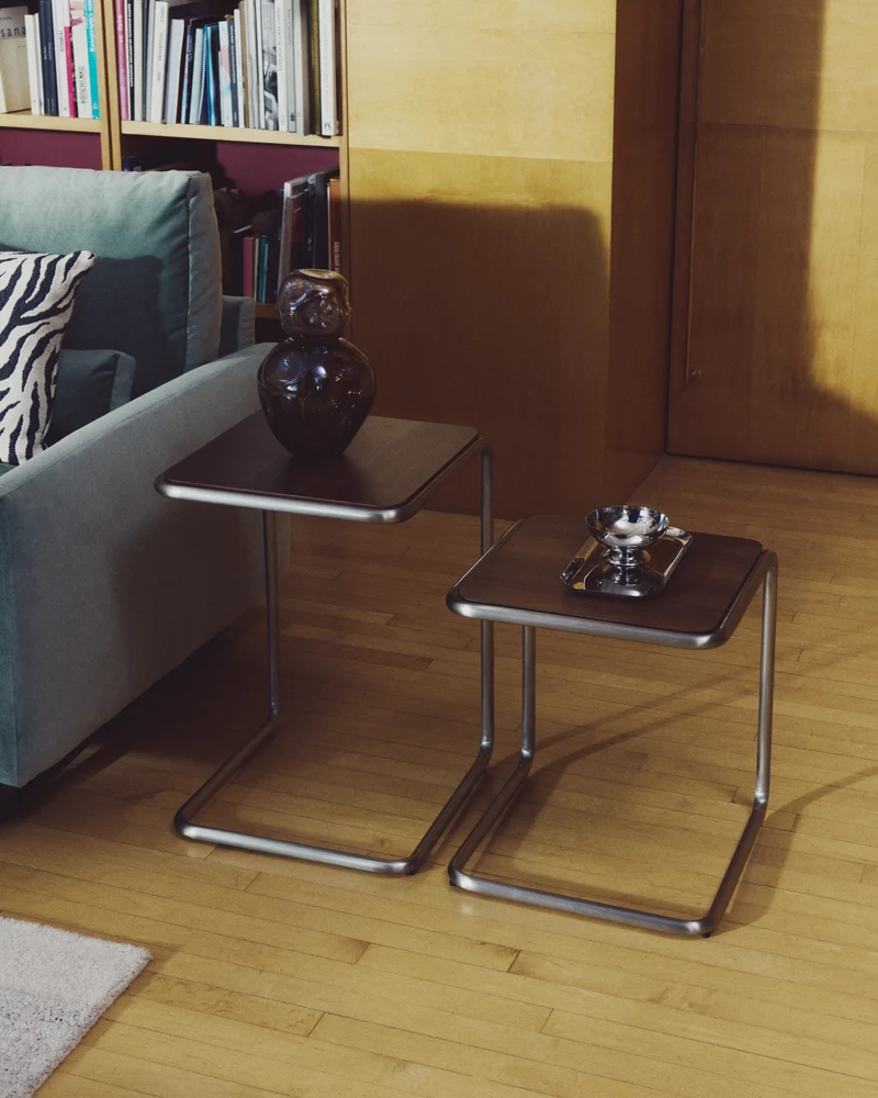 Tarsel side table in walnut veneer with brushed stainless steel structure 42 x 47cm