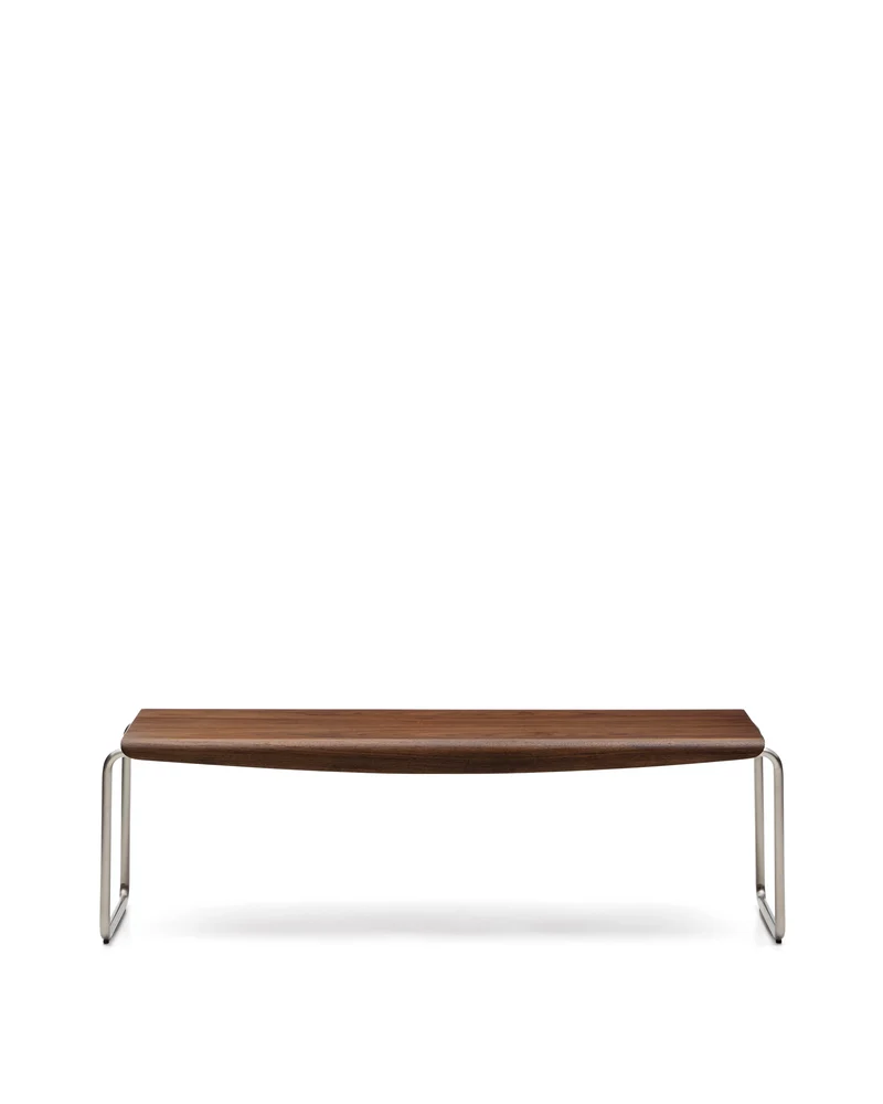 Tarsel bench in walnut veneer with brushed stainless steel structure 142cm