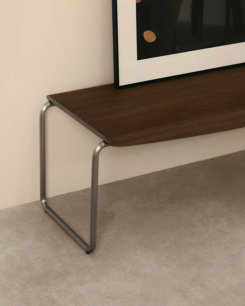 Tarsel bench in walnut veneer with brushed stainless steel structure 142cm