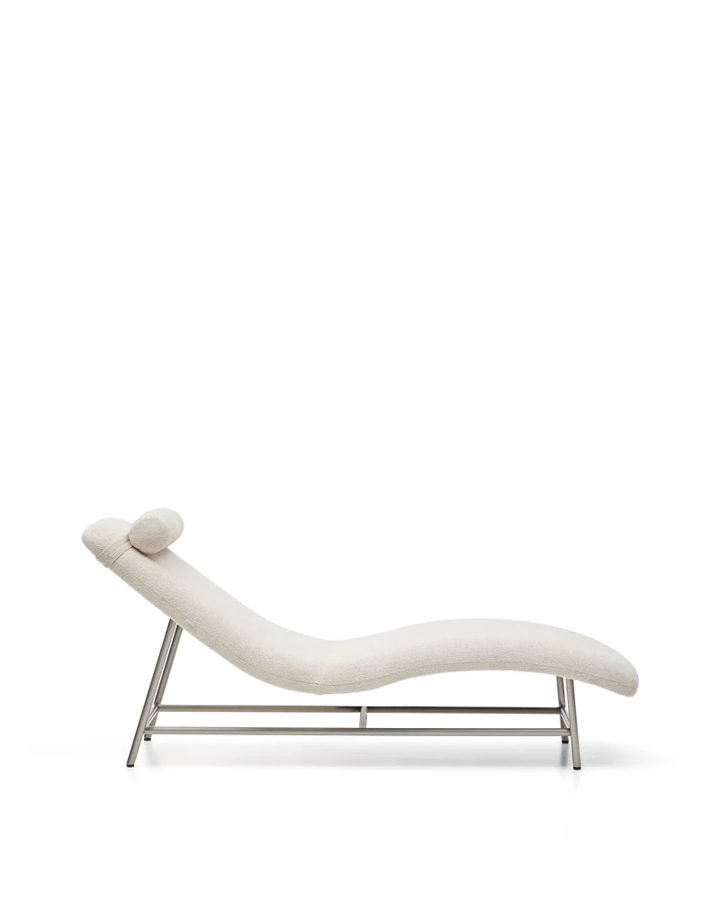 Osla chaise longue in beige chenille with brushed stainless steel legs FSC 100% 175 cm