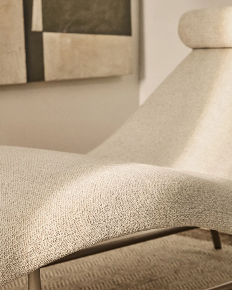 Osla chaise longue in beige chenille with brushed stainless steel legs FSC 100% 175 cm