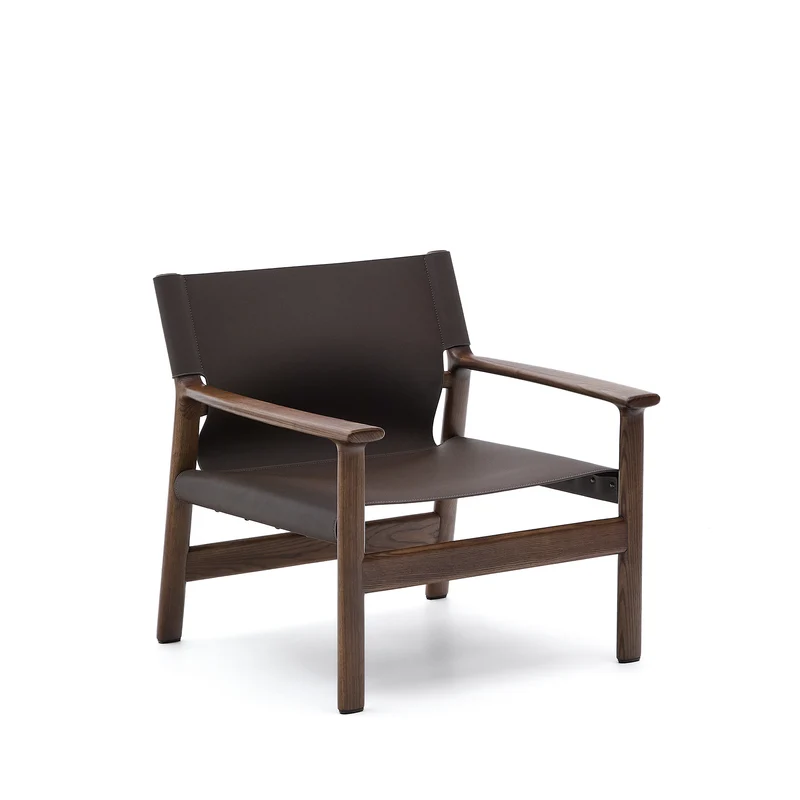 Jan armchair made of dark brown recycled leather fibres and FSC 100% solid ash wood with walnut-coloured finish