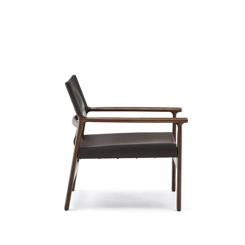 Jan armchair made of dark brown recycled leather fibres and FSC 100% solid ash wood with walnut-coloured finish