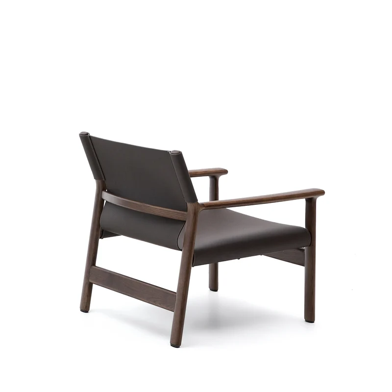 Jan armchair made of dark brown recycled leather fibres and FSC 100% solid ash wood with walnut-coloured finish