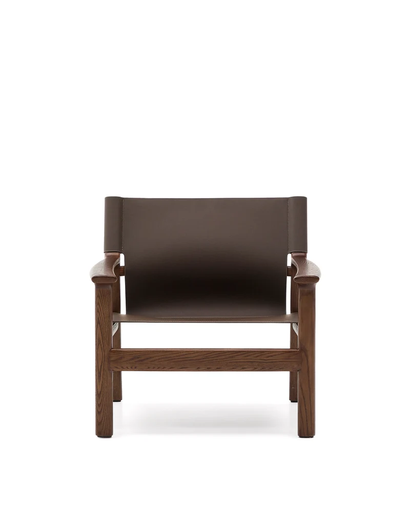 Jan armchair made of dark brown recycled leather fibres and FSC 100% solid ash wood with walnut-coloured finish