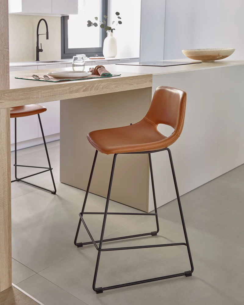 Zahara bar stool in brown synthetic leather with steel legs in black finish 65 cm