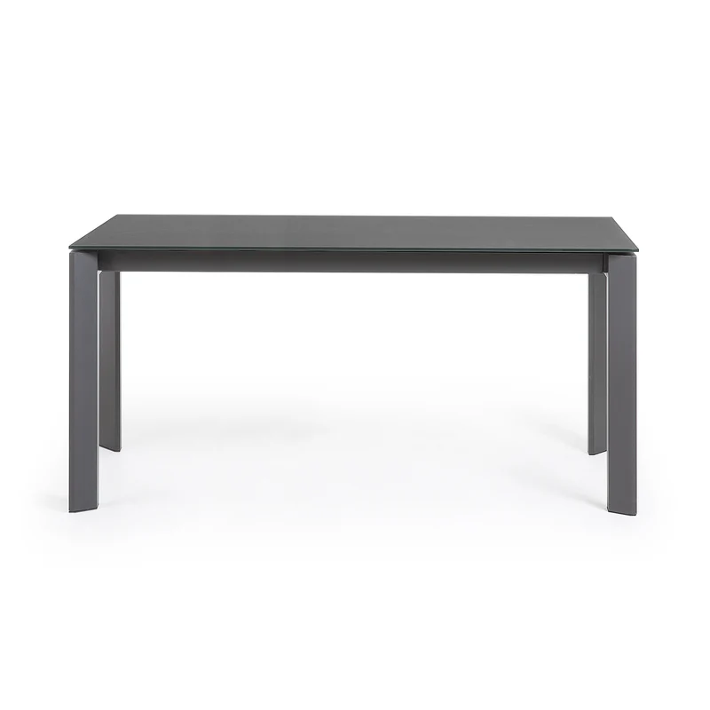 Axis extendable table in grey glass with steel legs in a dark grey finish, 160 (220) cm