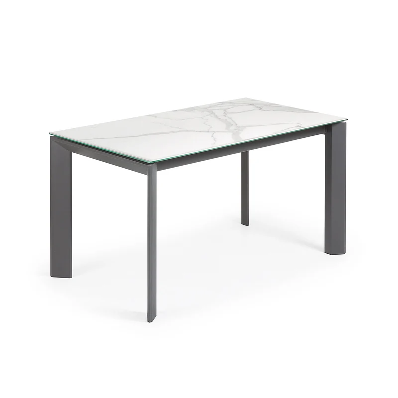 Axis extendable porcelain table with Kalos Blanco finish and dark grey steel legs, 140 (200) cm
