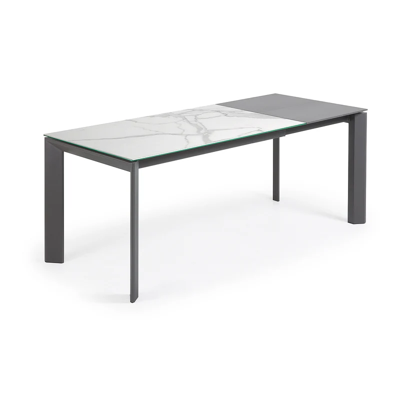 Axis extendable porcelain table with Kalos Blanco finish and dark grey steel legs, 140 (200) cm