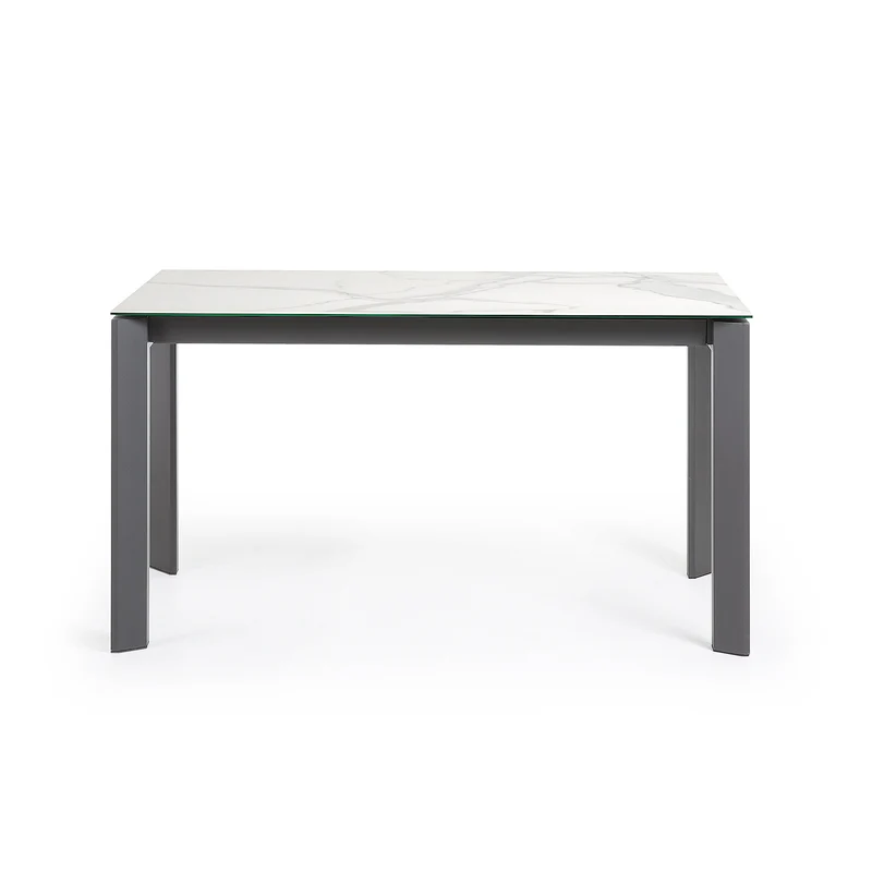 Axis extendable porcelain table with Kalos Blanco finish and dark grey steel legs, 140 (200) cm