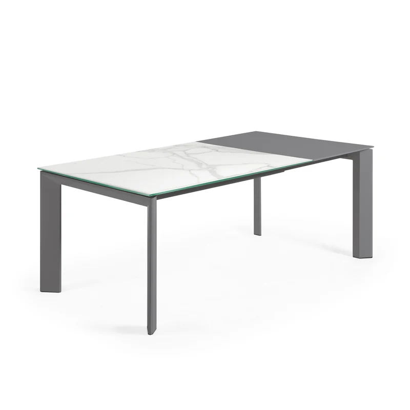 Axis extendable porcelain table with Kalos Blanco finish and dark grey steel legs, 140 (200) cm