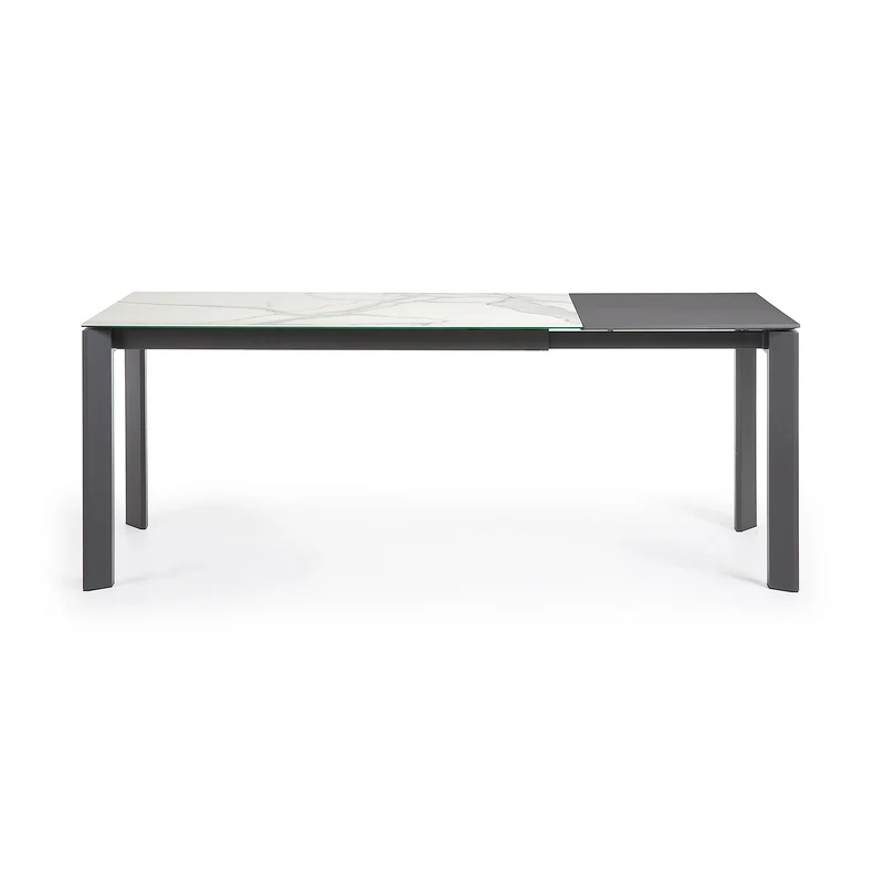 Axis extendable porcelain table with Kalos Blanco finish and dark grey steel legs, 140 (200) cm