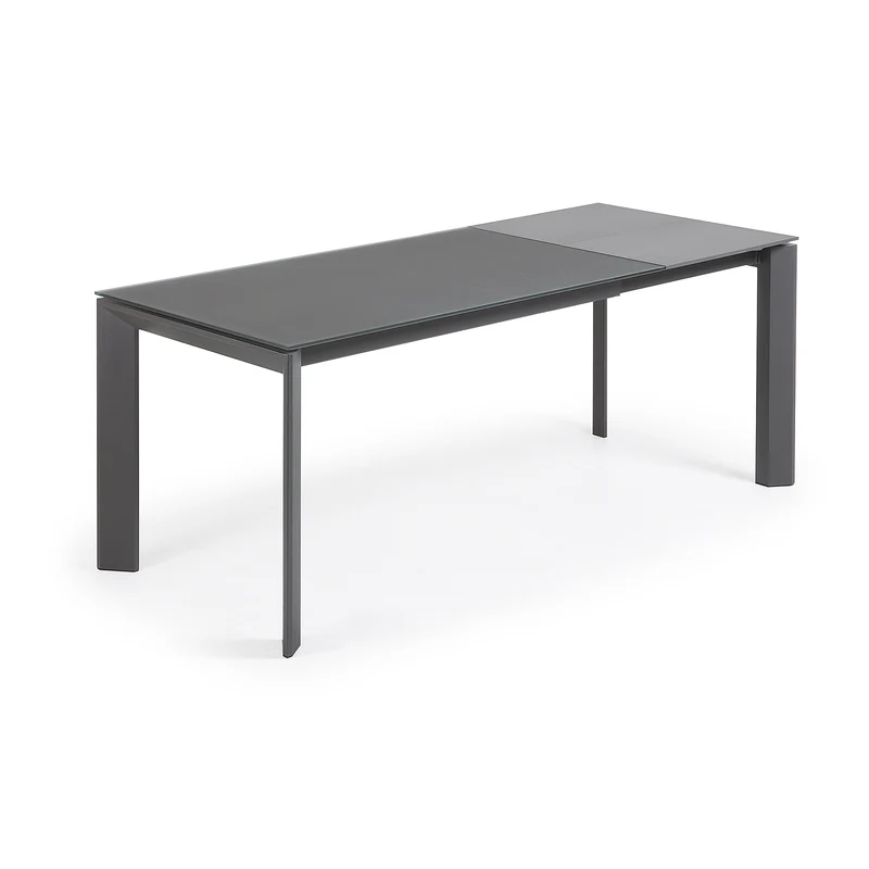 Axis extendable table in grey glass with steel legs in a dark grey finish, 140 (200) cm