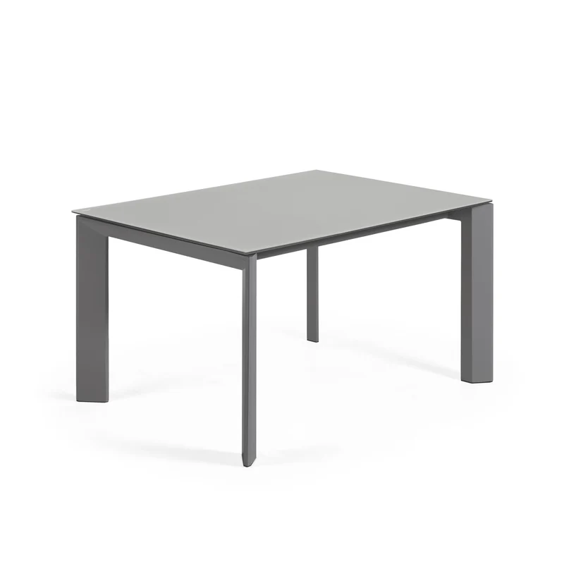 Axis extendable table in grey glass with steel legs in a dark grey finish, 140 (200) cm