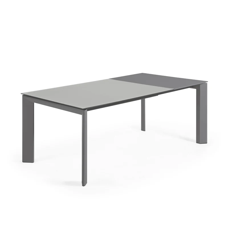 Axis extendable table in grey glass with steel legs in a dark grey finish, 140 (200) cm