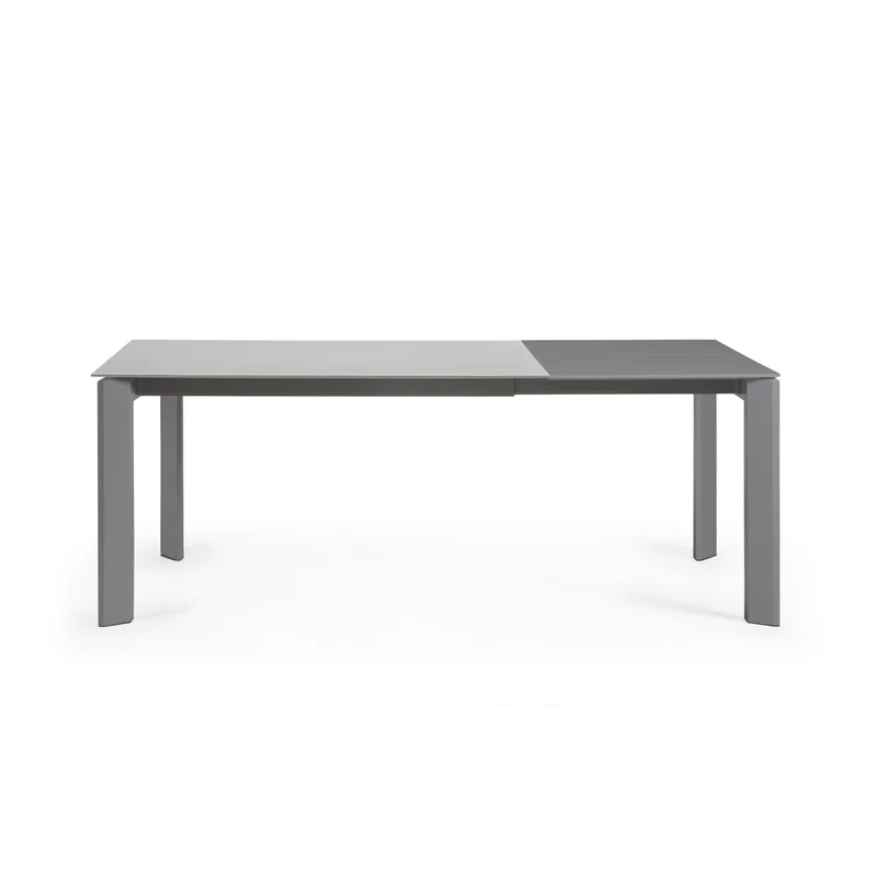 Axis extendable table in grey glass with steel legs in a dark grey finish, 140 (200) cm