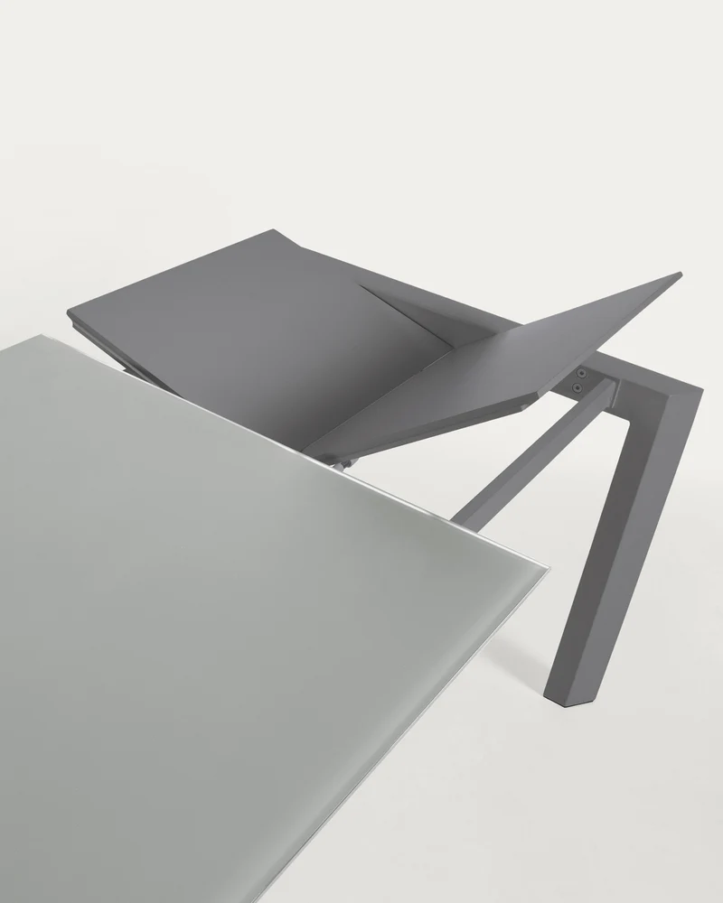 Axis extendable table in grey glass with steel legs in a dark grey finish, 140 (200) cm