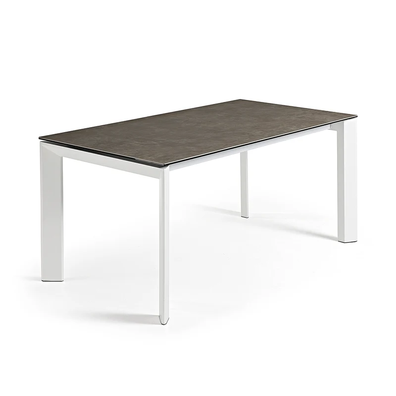Axis extendable ceramic table in Vulcano Ceniza finish, white steel legs 160 (220) cm