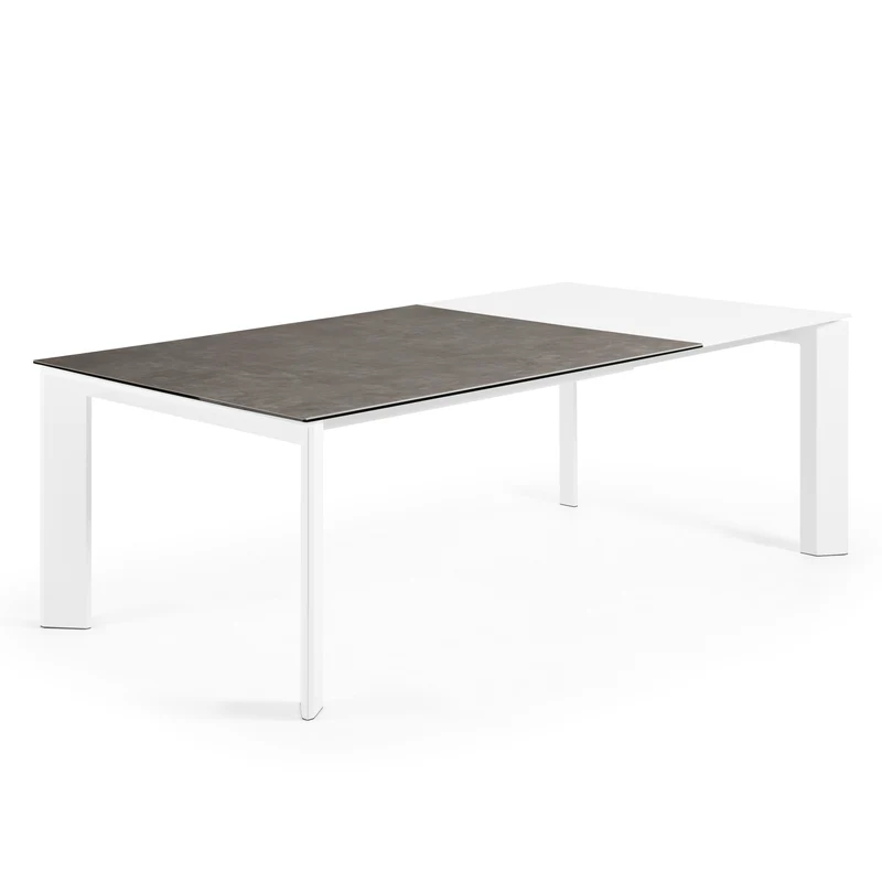 Axis extendable ceramic table in Vulcano Ceniza finish, white steel legs 160 (220) cm