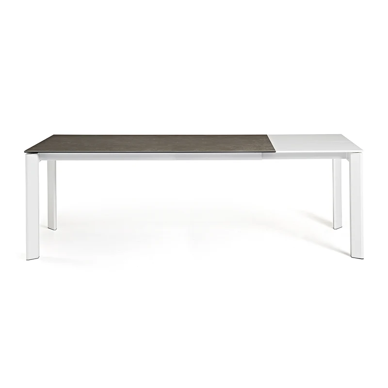 Axis extendable ceramic table in Vulcano Ceniza finish, white steel legs 160 (220) cm