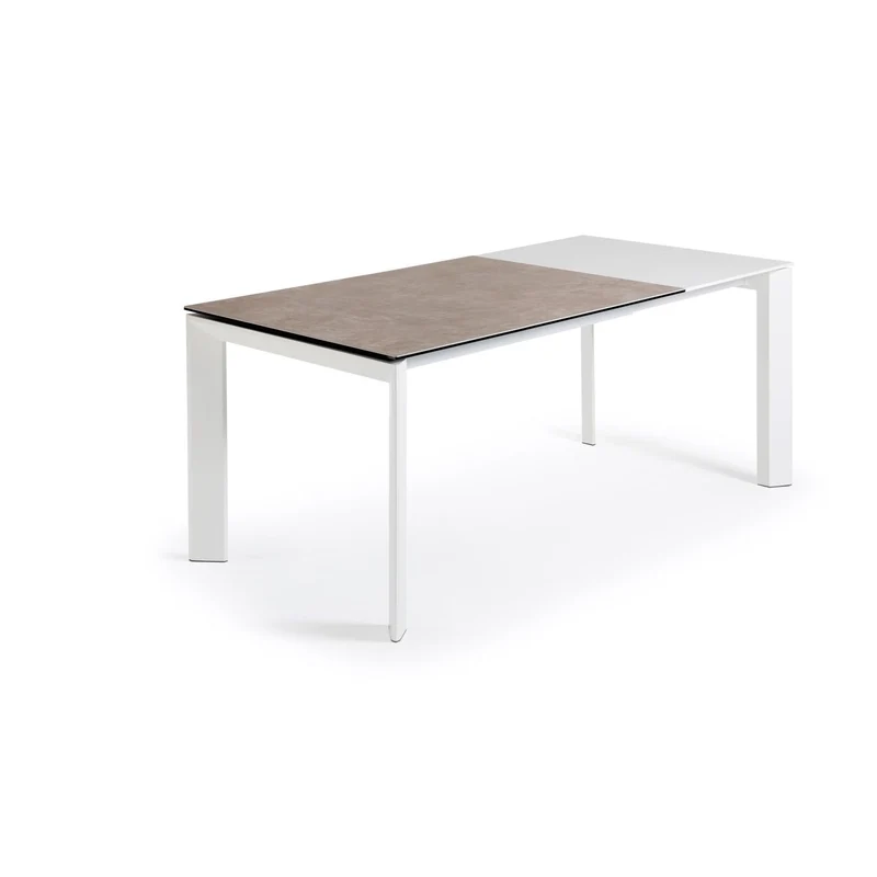 Axis extendable ceramic table in Vulcano Ceniza finish, white steel legs 120 (180) cm