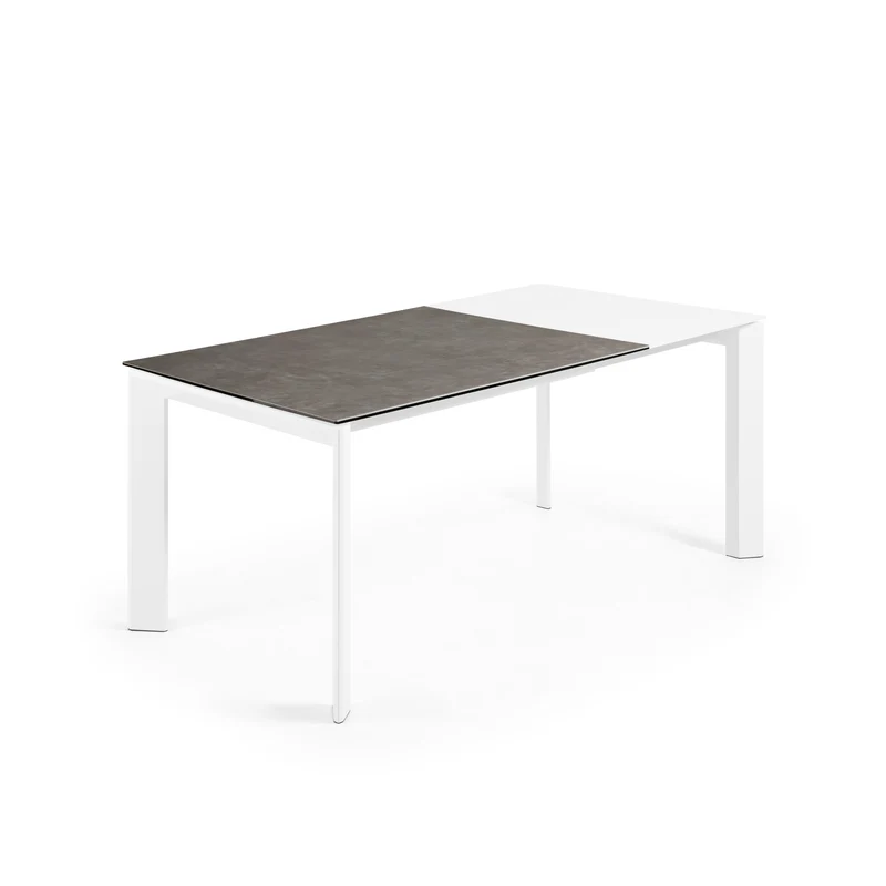Axis extendable ceramic table in Vulcano Ceniza finish, white steel legs 120 (180) cm