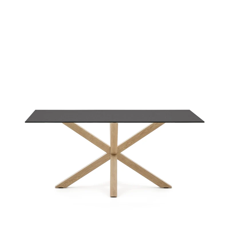 Argo table in frosted black glass and wood-effect steel legs 160 x 90 cm