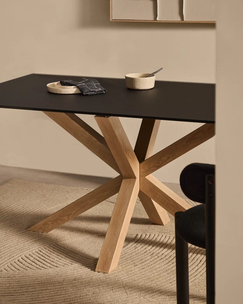 Argo table in frosted black glass and wood-effect steel legs 160 x 90 cm