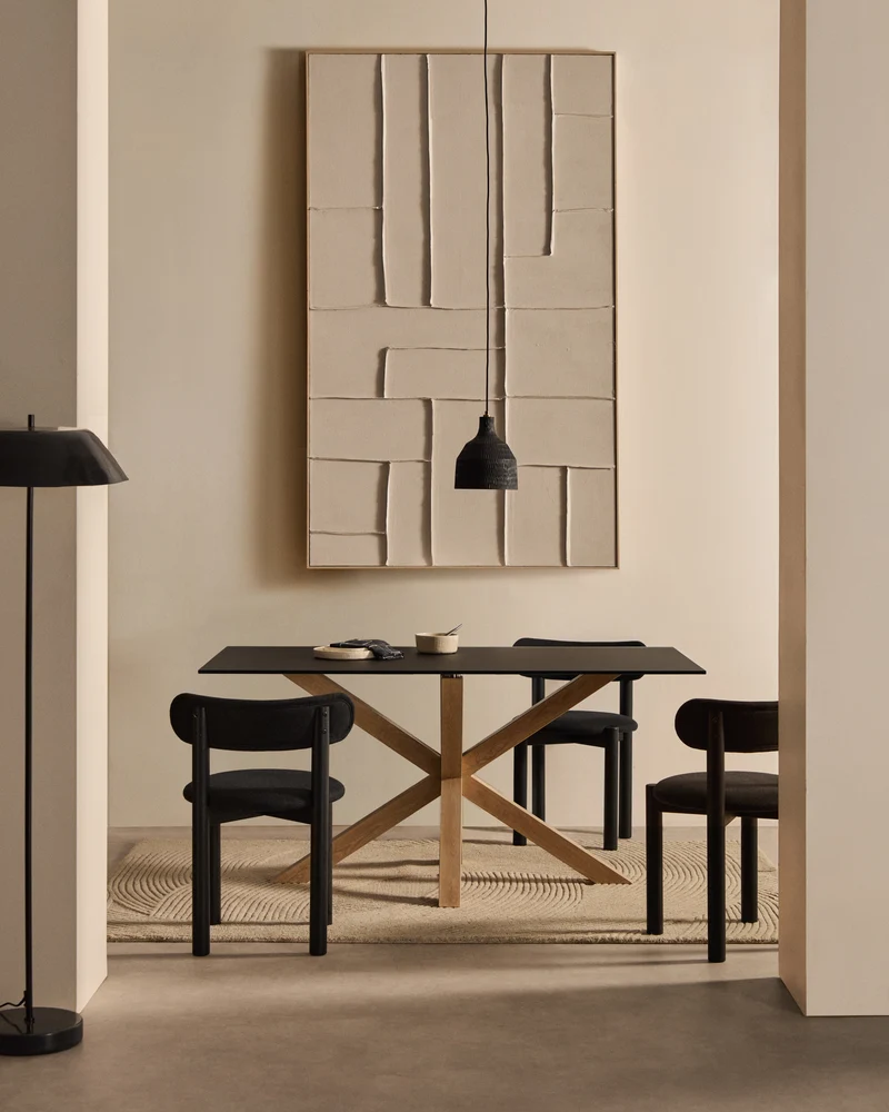 Argo table in frosted black glass and wood-effect steel legs 160 x 90 cm