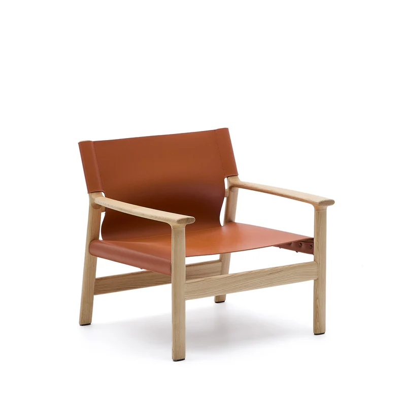 Jan armchair made of light brown recycled leather fibres and FSC 100% solid ash wood with natural tone finish