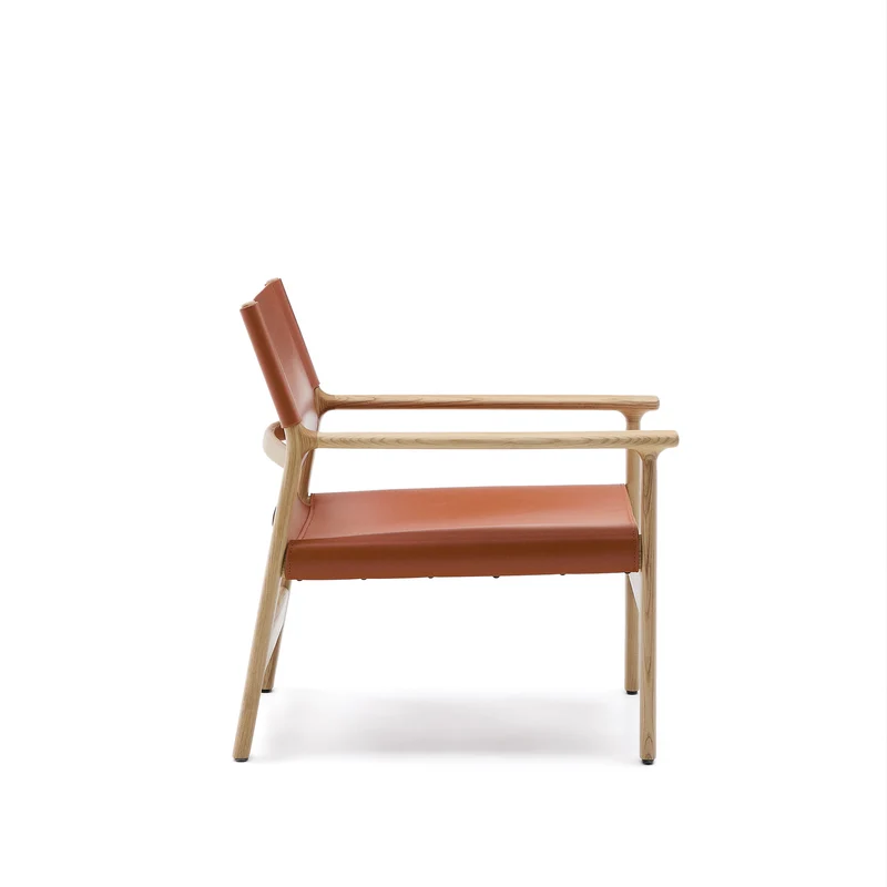 Jan armchair made of light brown recycled leather fibres and FSC 100% solid ash wood with natural tone finish