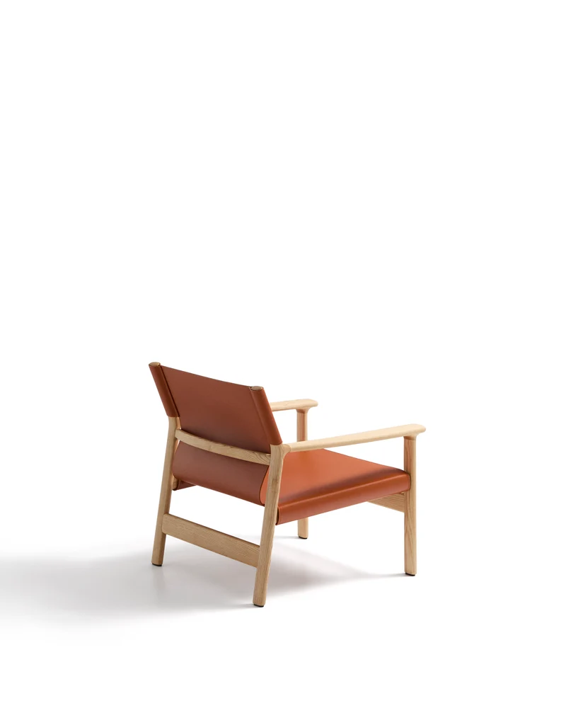 Jan armchair made of light brown recycled leather fibres and FSC 100% solid ash wood with natural tone finish