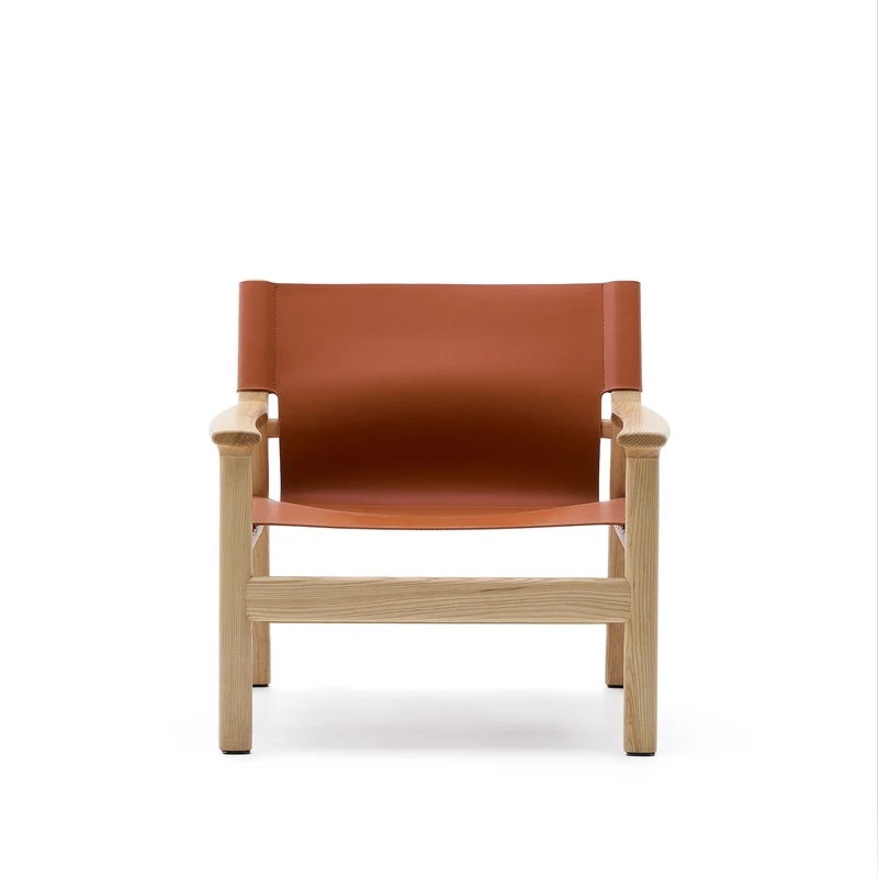 Jan armchair made of light brown recycled leather fibres and FSC 100% solid ash wood with natural tone finish