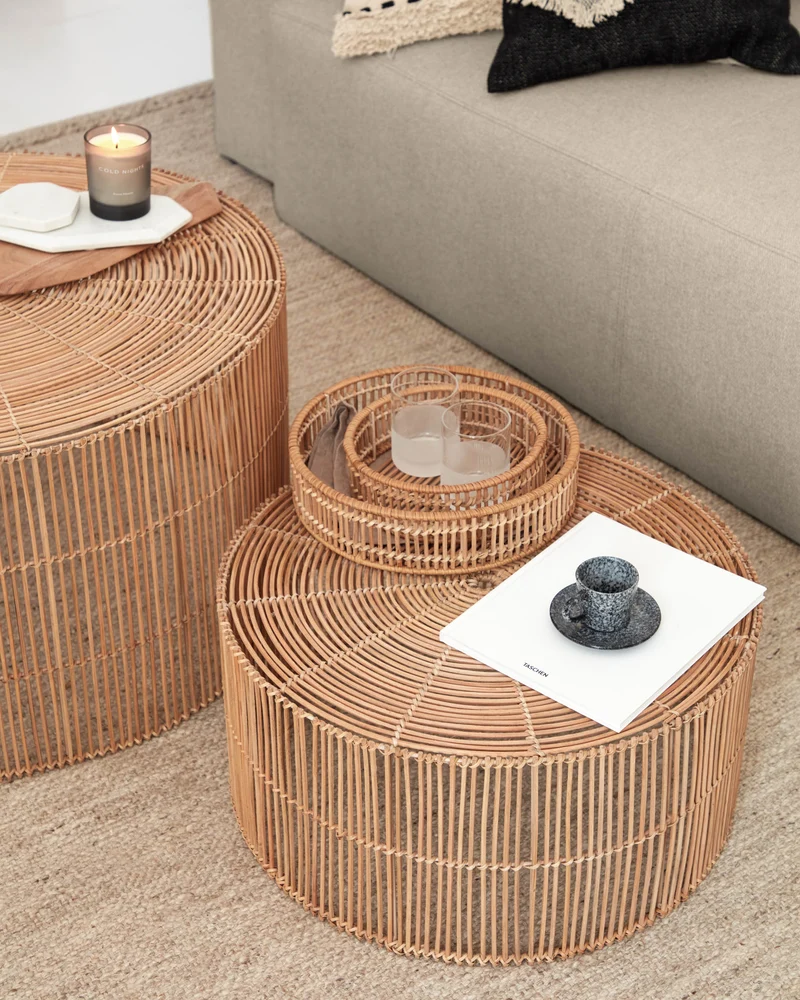 Elmima set of 2 coffee tables in 100% rattan with natural finish Ø 66 cm and Ø 55 cm