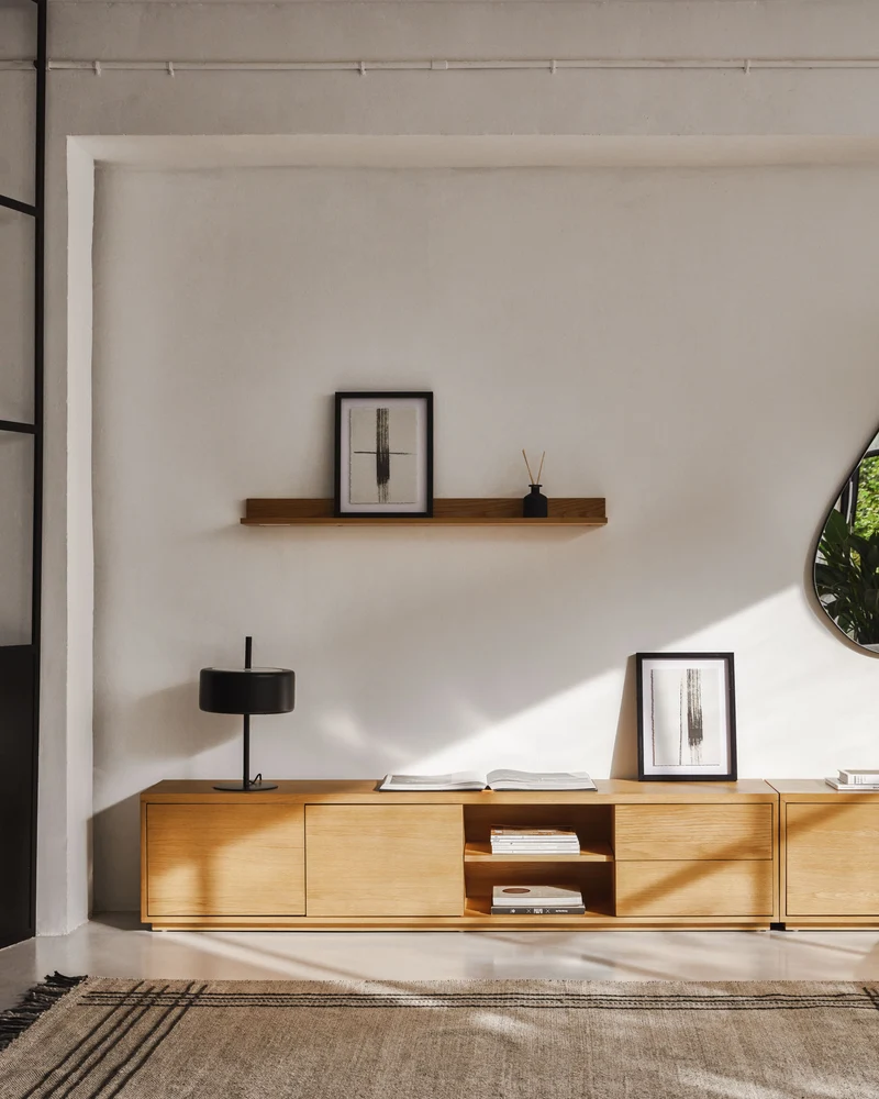 Abilen oak veneer and white lacquer shelf, 120 x 15 cm, FSC™ 100% certified