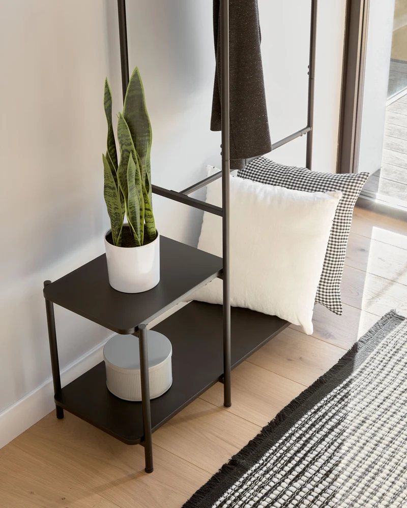 Galatia melamine and metal clothes rail with bench in black finish 100 x 150 cm