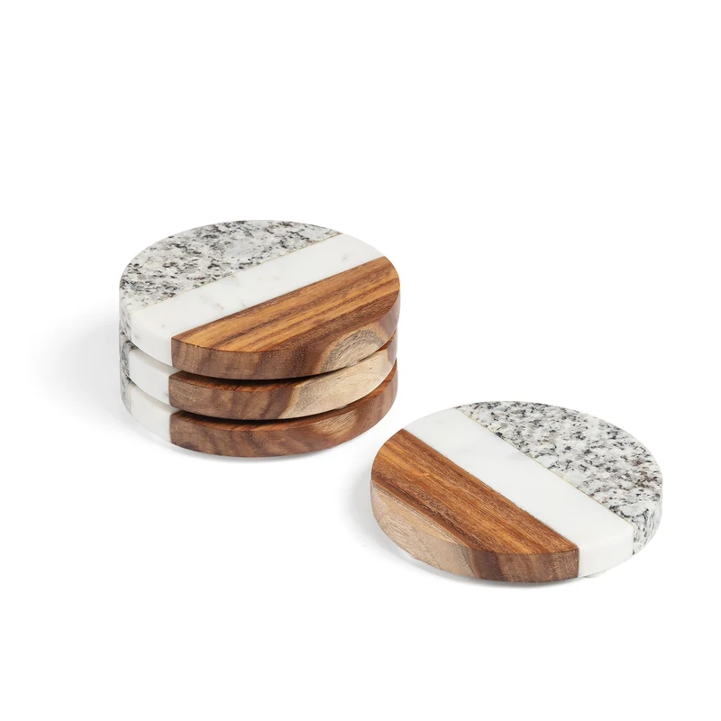Cataleg set 4 round coasters white grey marble and mango