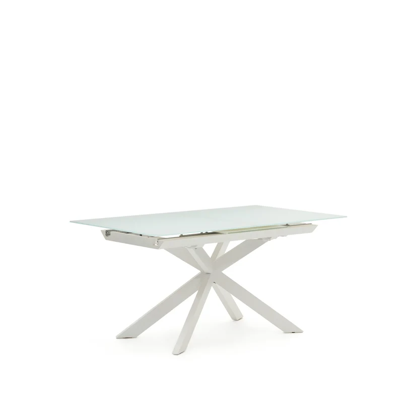 Atminda extendable table in glass and MDF with steel legs in white, 160 (210) x 90 cm