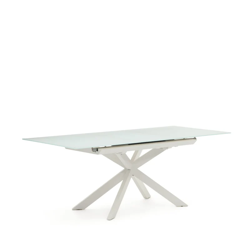 Atminda extendable table in glass and MDF with steel legs in white, 160 (210) x 90 cm