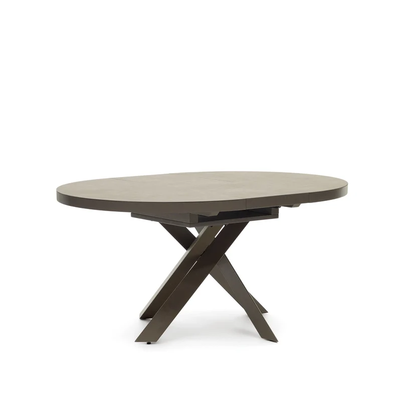 Vashti round extendable table, porcelain and steel legs with a brown finish, Ø 120(160) cm