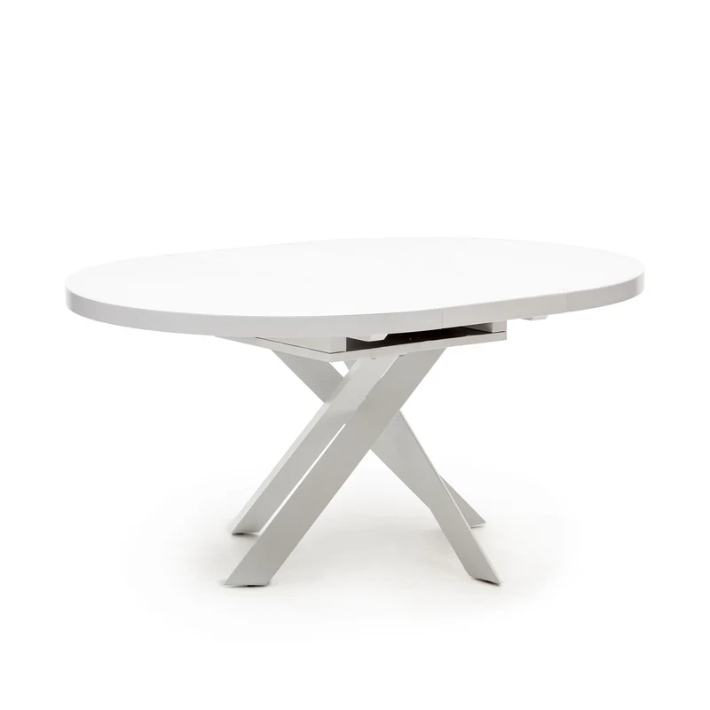 Vashti extendable round table in glass and MDF with steel legs in white, Ø 120(160)x120cm