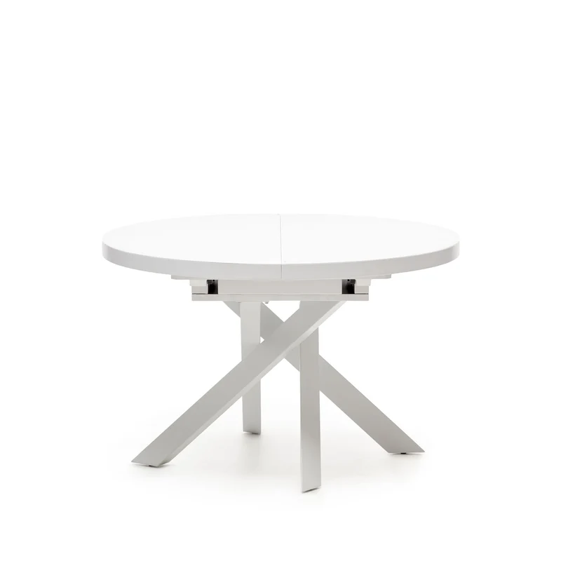 Vashti extendable round table in glass and MDF with steel legs in white, Ø 120(160)x120cm