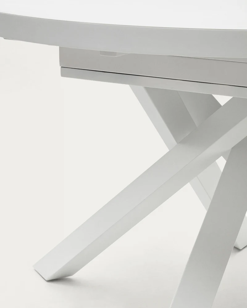 Vashti extendable round table in glass and MDF with steel legs in white, Ø 120(160)x120cm