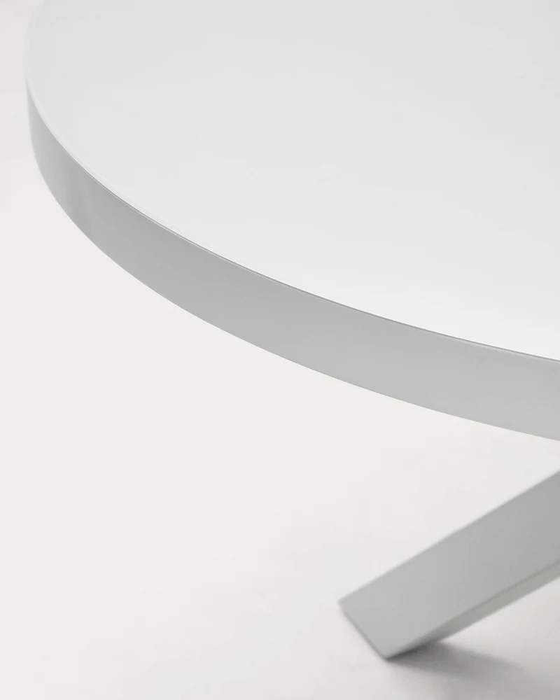 Vashti extendable round table in glass and MDF with steel legs in white, Ø 120(160)x120cm