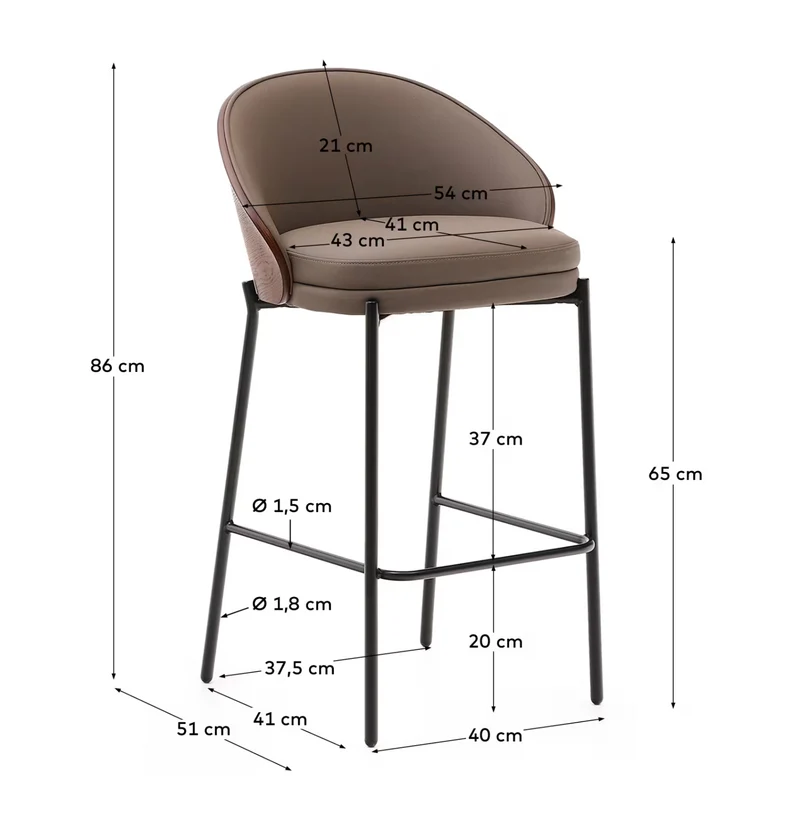 Eamy Stool Brown Faux Leather & Walnut Finish 65 cm